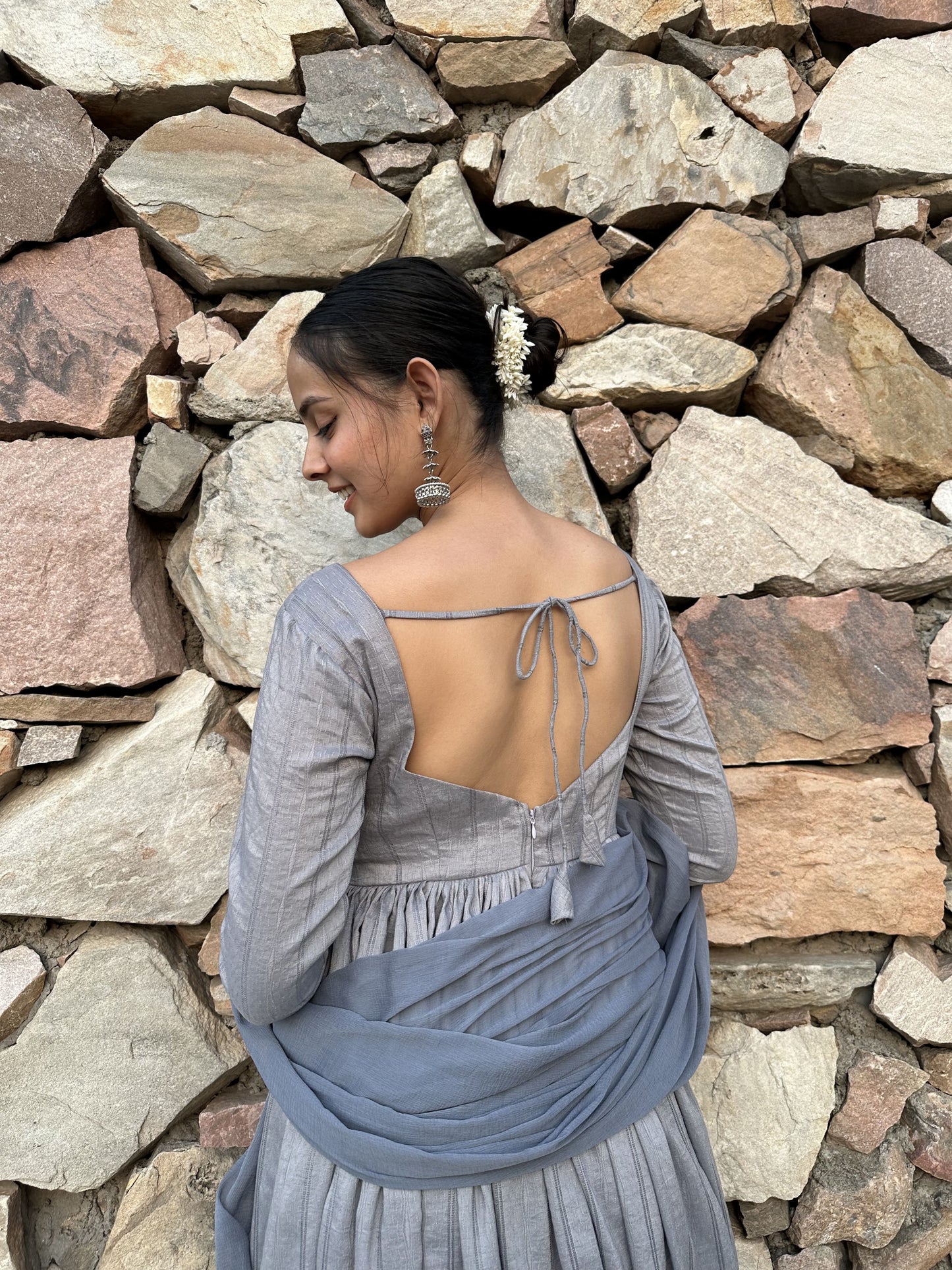 Subtle grey Anarkali suit for small events and casual gatherings.