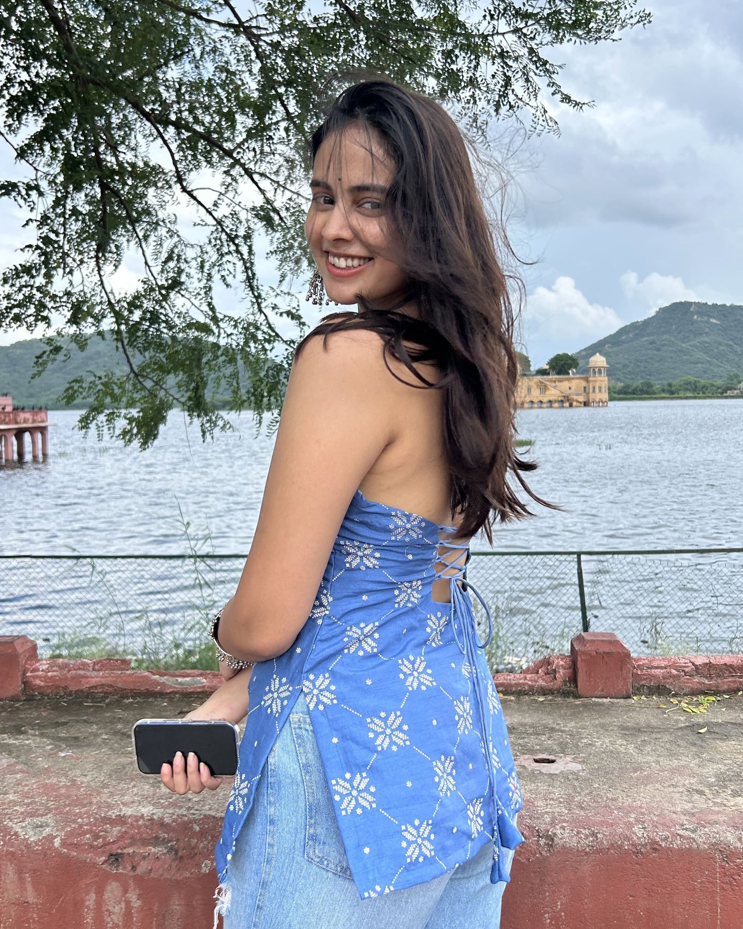 Blue Silk Halterneck Short Kurti