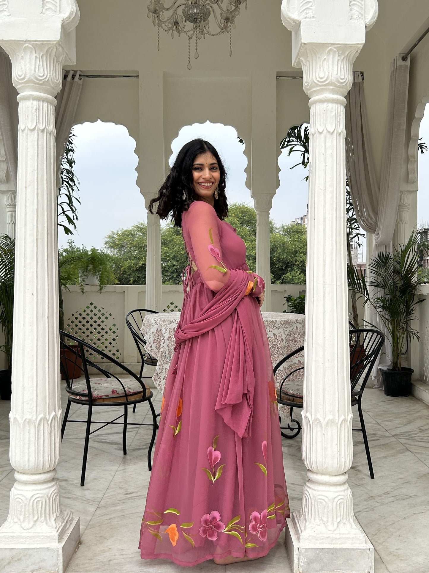Mulberry Pink Georgette Gather-Flared Suit Set