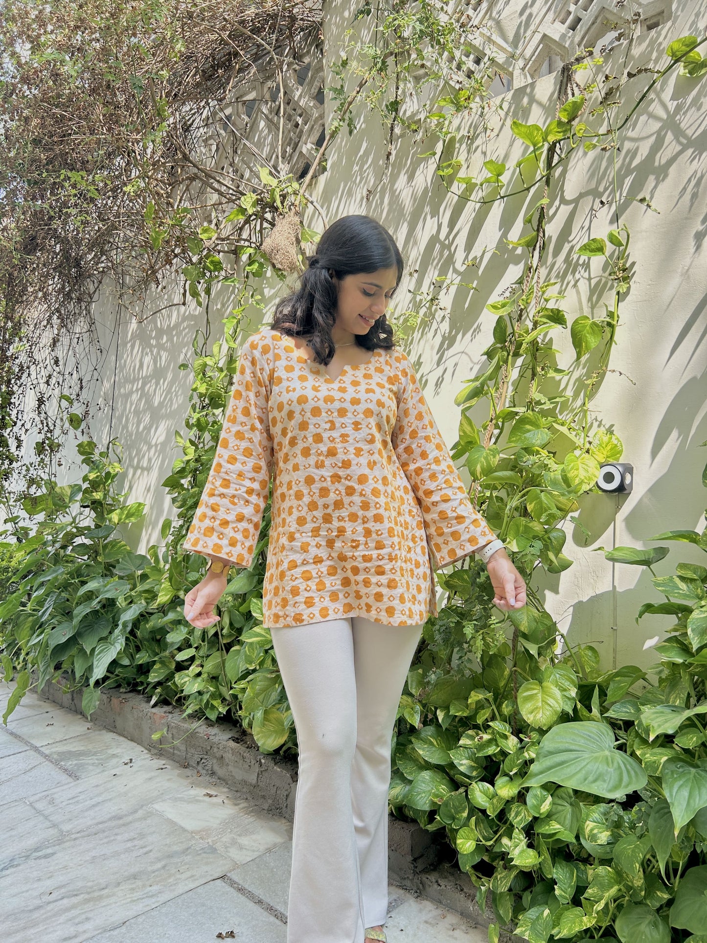 Mustard & Beige Cotton Short Kurti