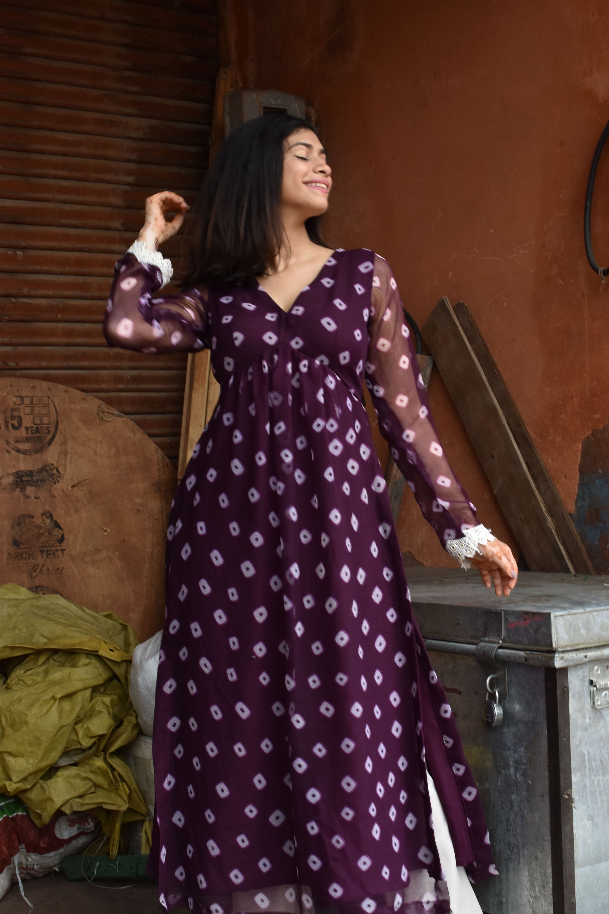 Full sleeve designer purple kurta.