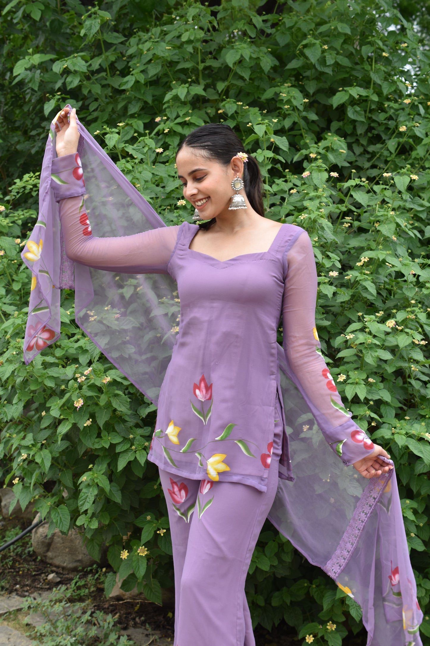 Pastel lavender indian wear outfit with floral print.