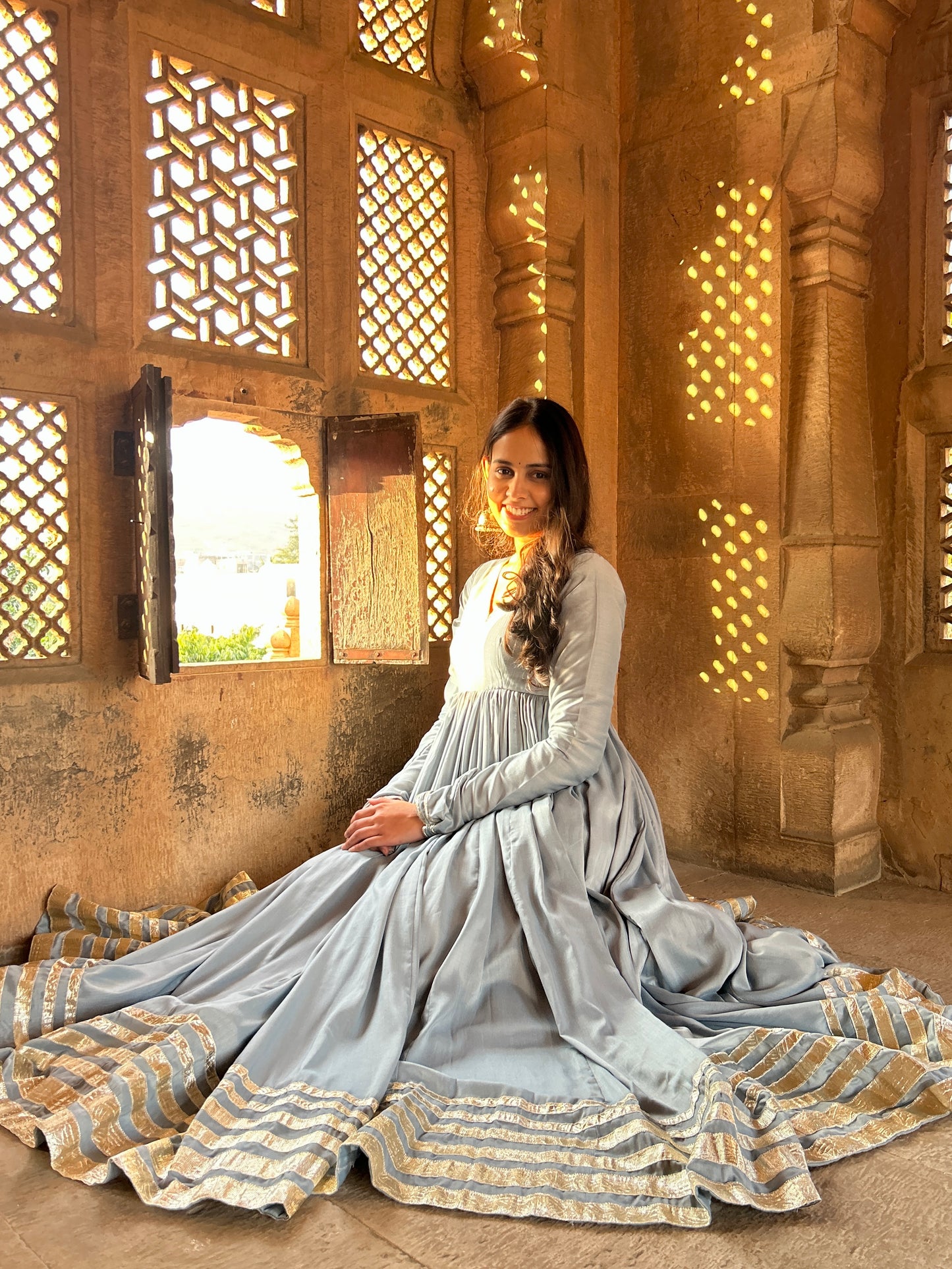 Pastel Blue Muslin Anarkali Suit Set with Gota Lappa Detailing
