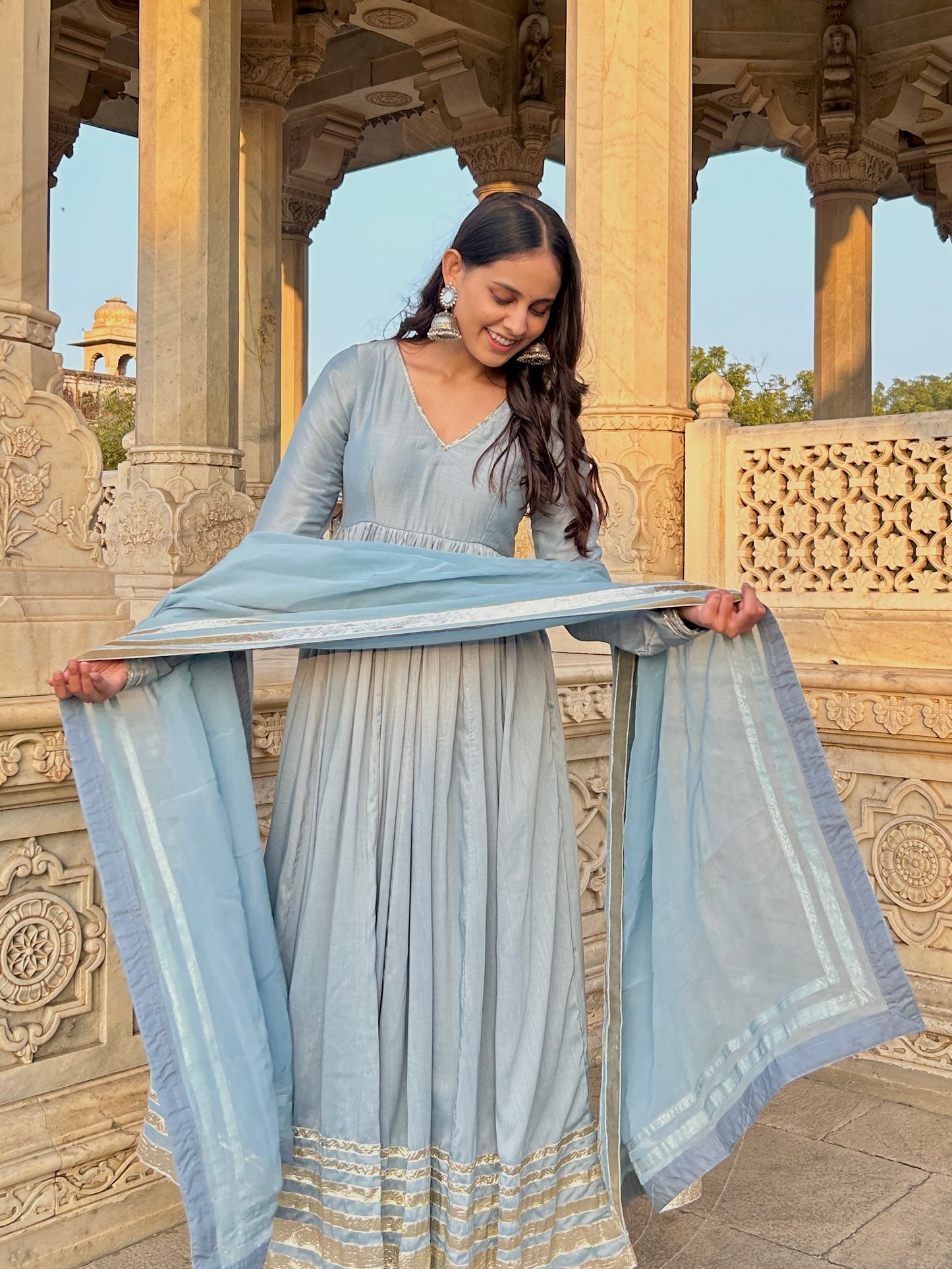 Pastel Blue Muslin Anarkali Suit Set with Gota Lappa Detailing