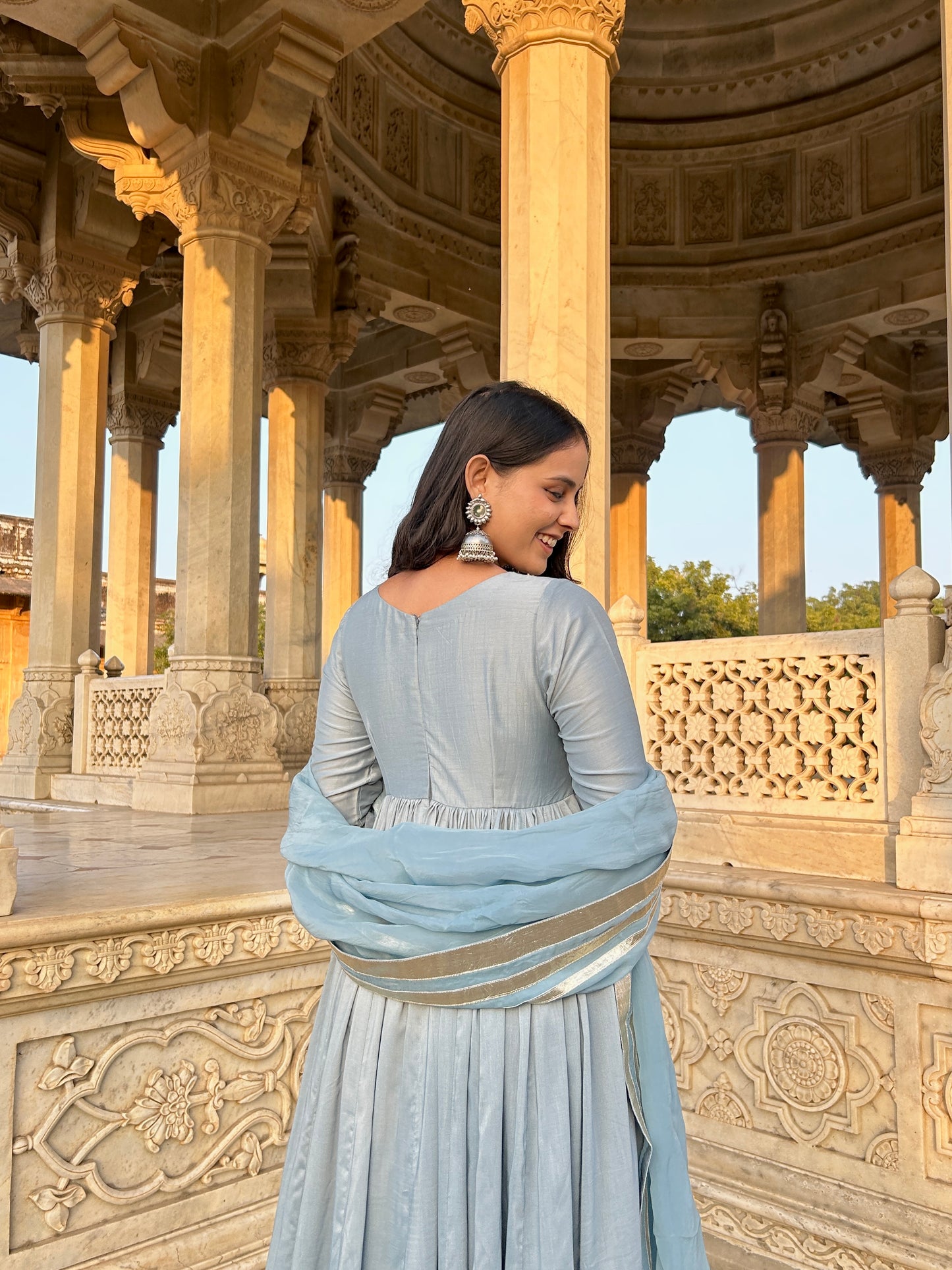 Pastel Blue Muslin Anarkali Suit Set with Gota Lappa Detailing