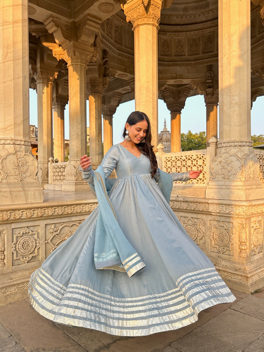 Pastel Blue Muslin Anarkali Suit Set with Gota Lappa Detailing