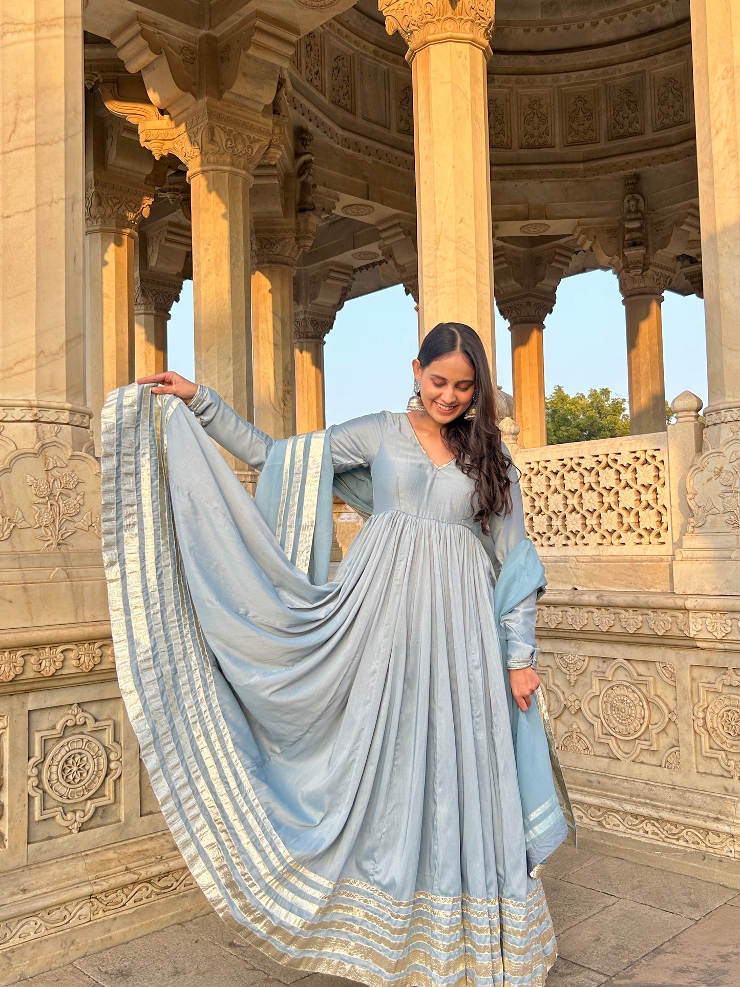 Pastel Blue Muslin Anarkali Suit Set with Gota Lappa Detailing