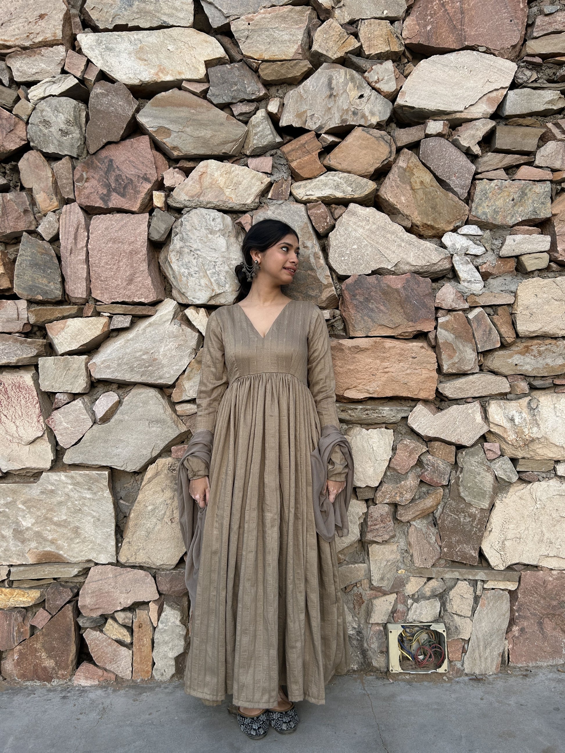 Women’s brown gather flared Anarkali with subtle festive appeal.