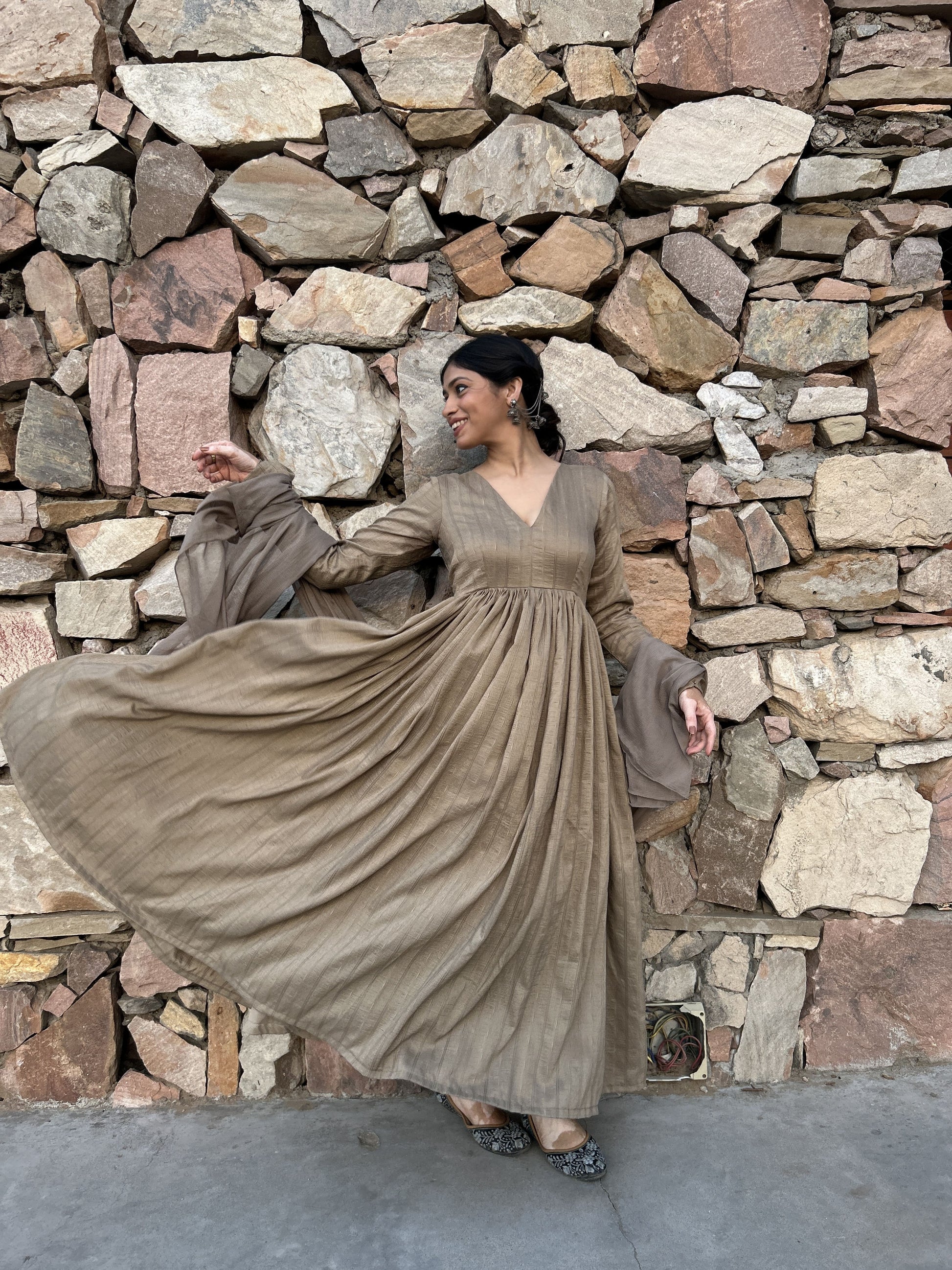 Light brown V-neck Anarkali set with scallop pants and chiffon dupatta