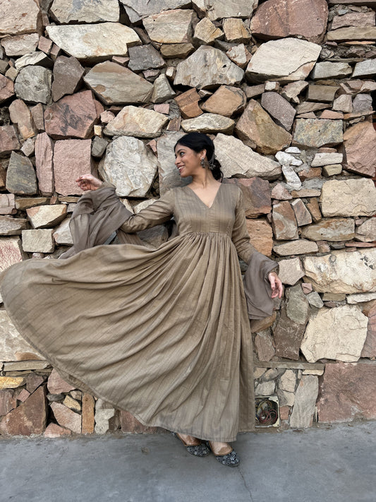 Light brown V-neck Anarkali set with scallop pants and chiffon dupatta