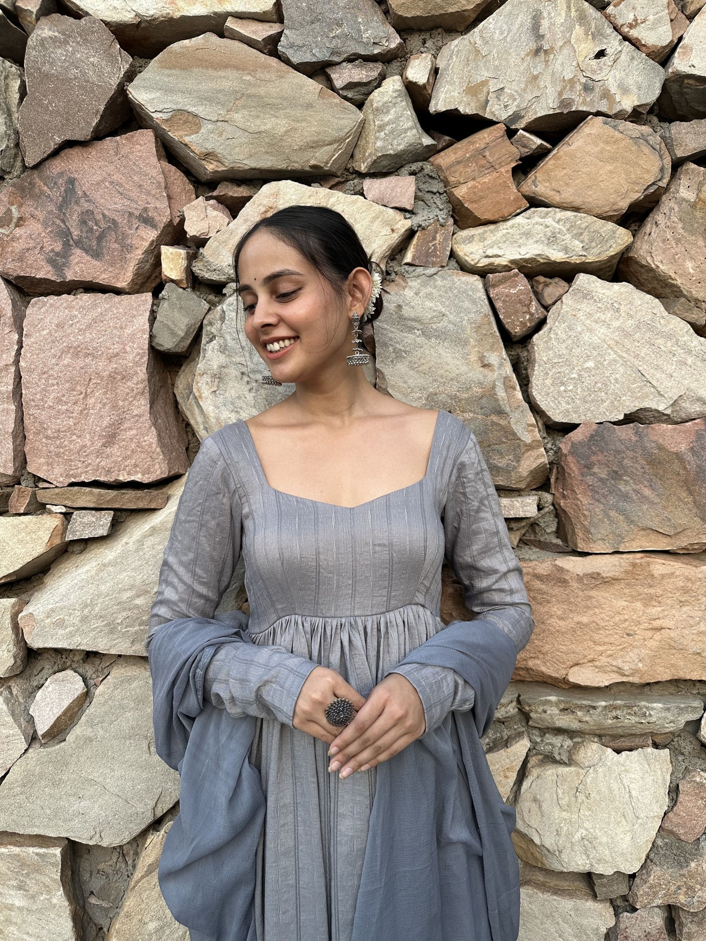 Grey gather flared Anarkali set with chiffon dupatta and scallop pants.