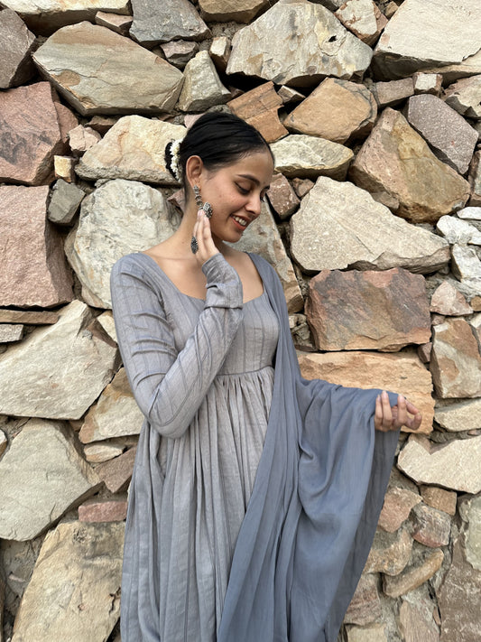 Elegant grey silk Anarkali suit with full sleeves. 