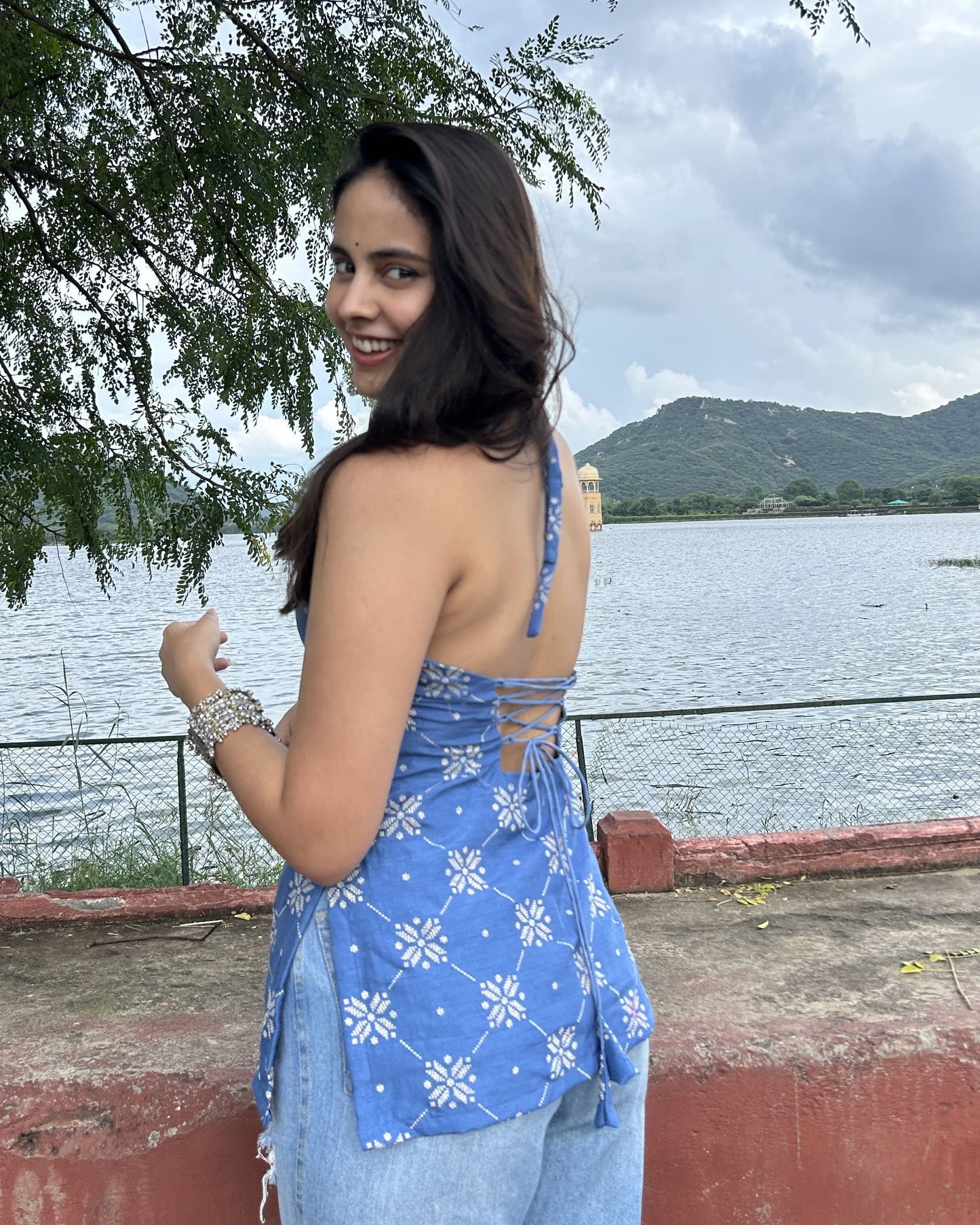 Blue Silk Halterneck Short Kurti