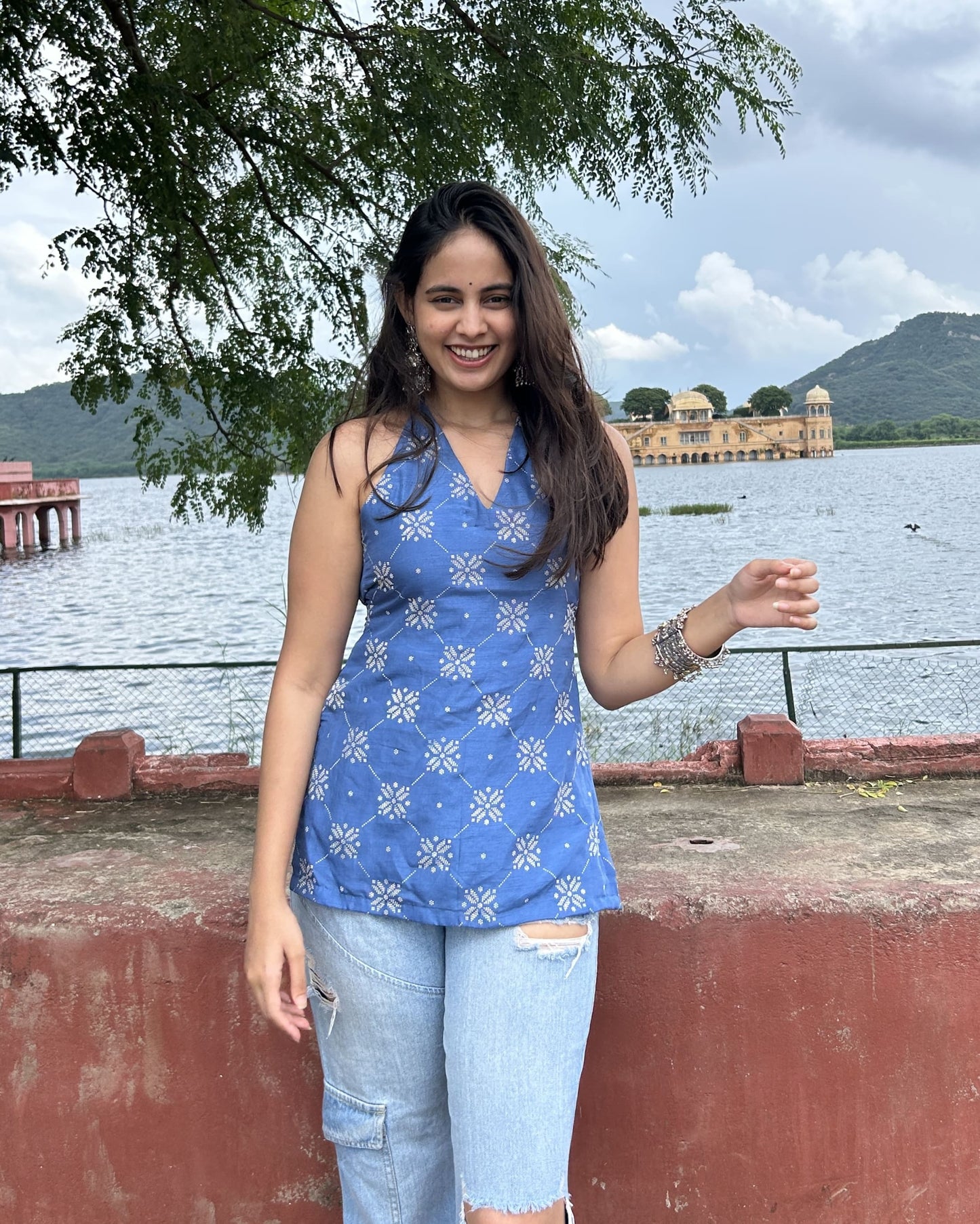 Blue Silk Halterneck Short Kurti