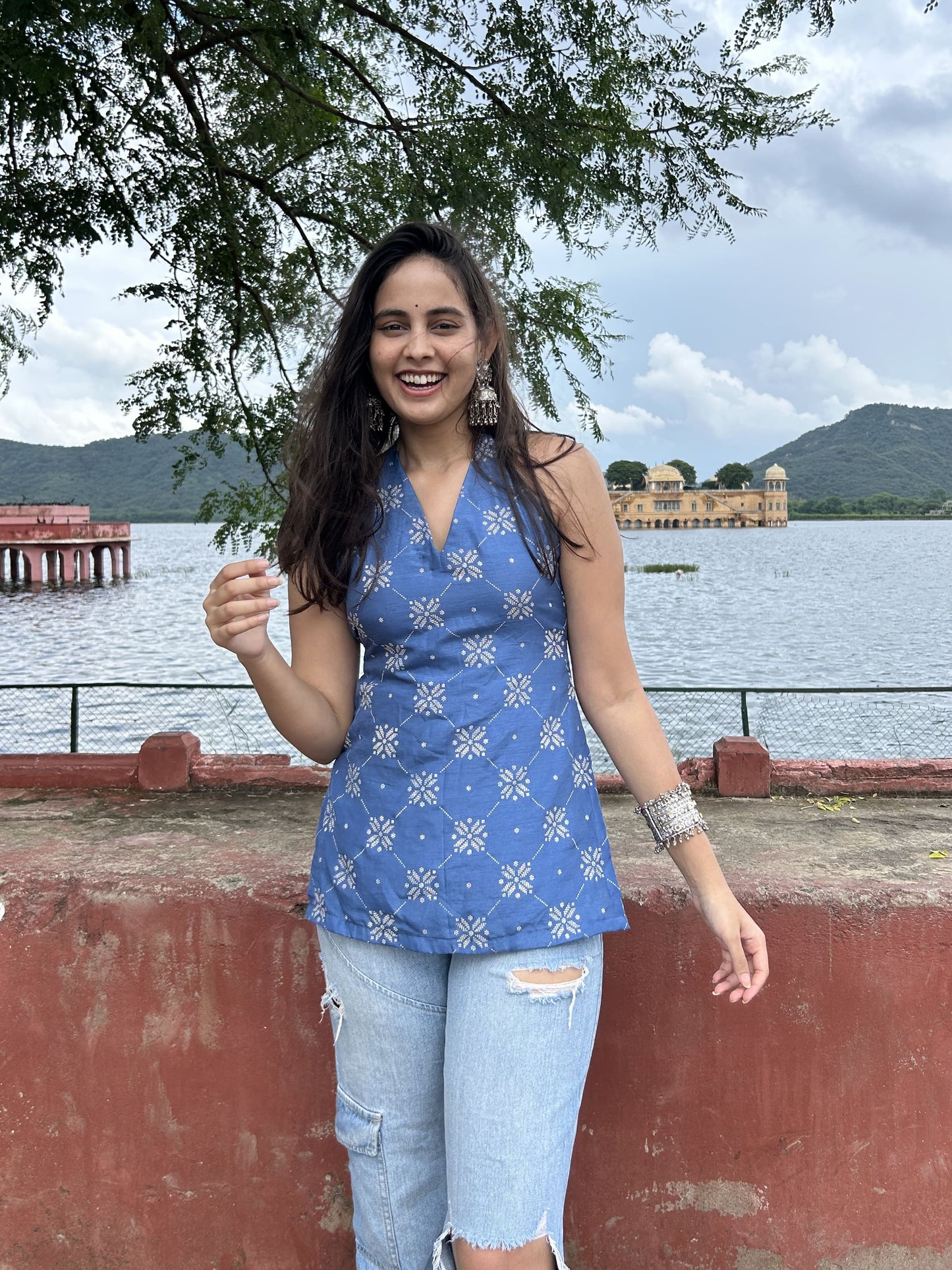 Blue Silk Halterneck Short Kurti