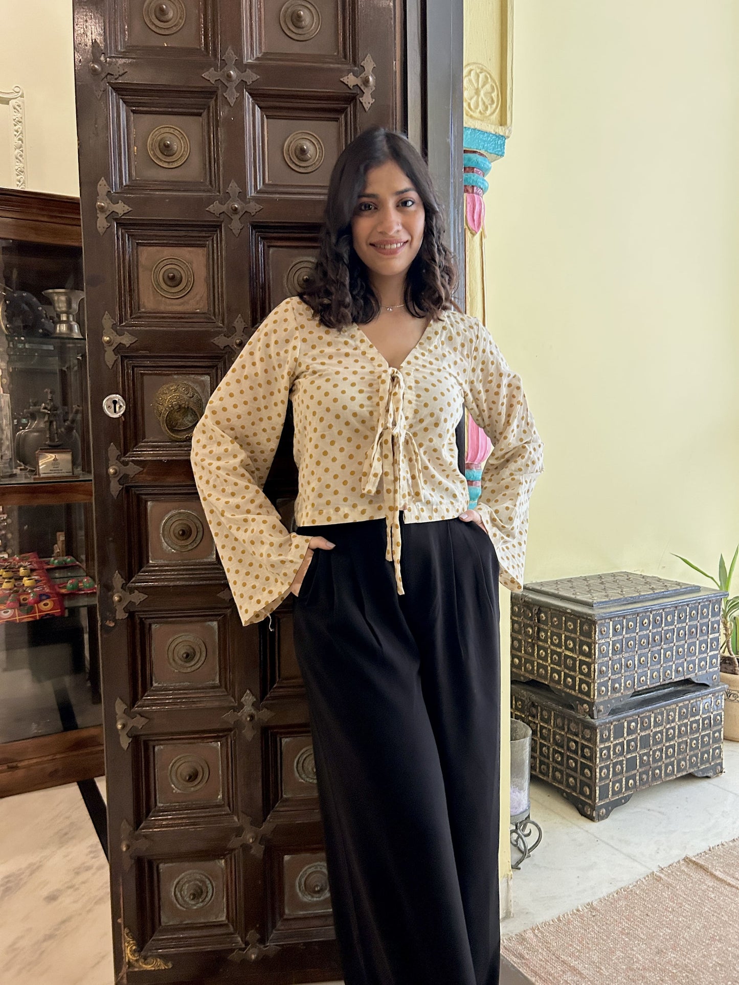 Cotton Polka Dot Top with Flared Sleeves