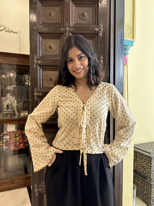 Cotton Polka Dot Top with Flared Sleeves