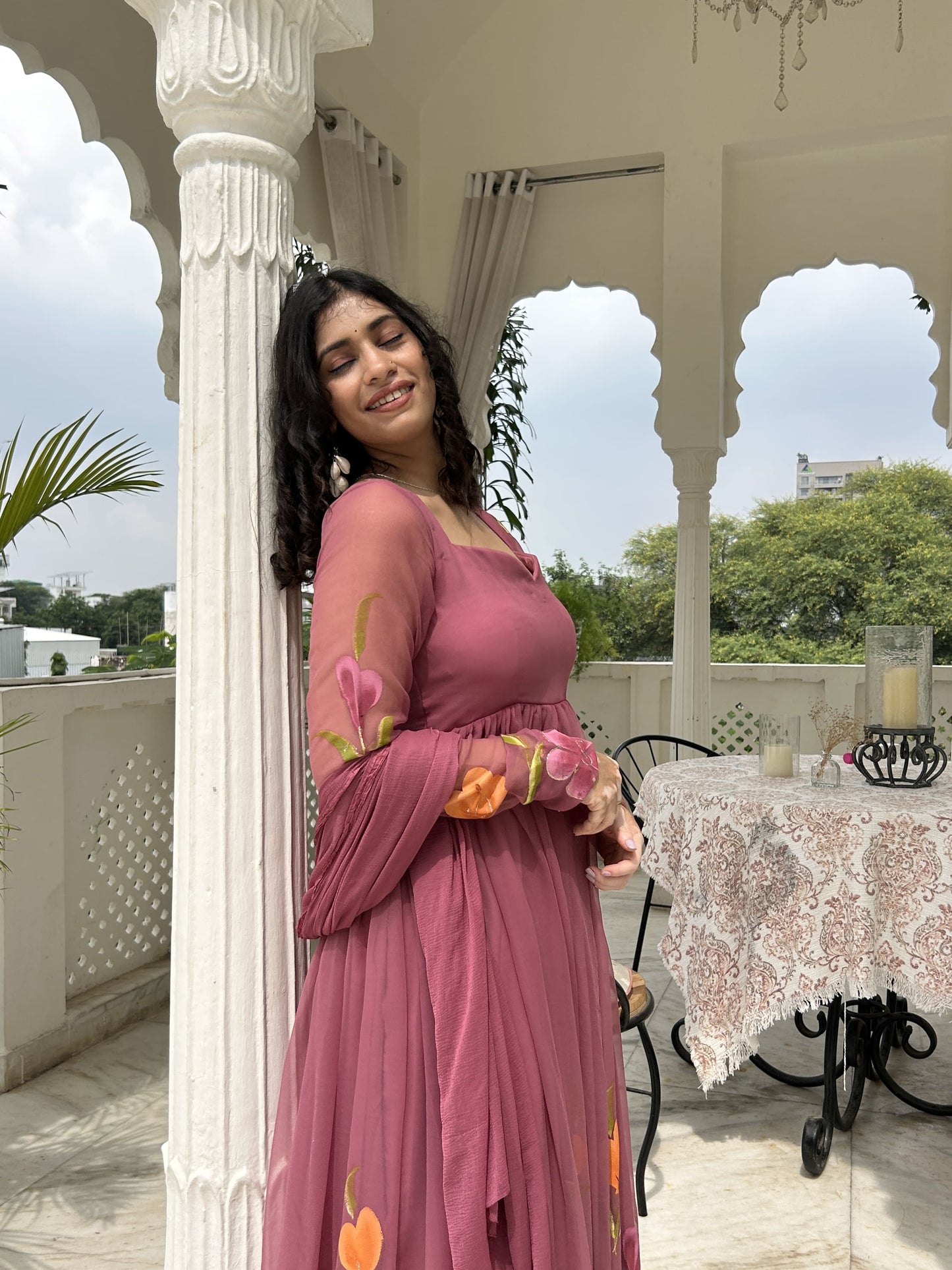 Mulberry Pink Georgette Gather-Flared Suit Set