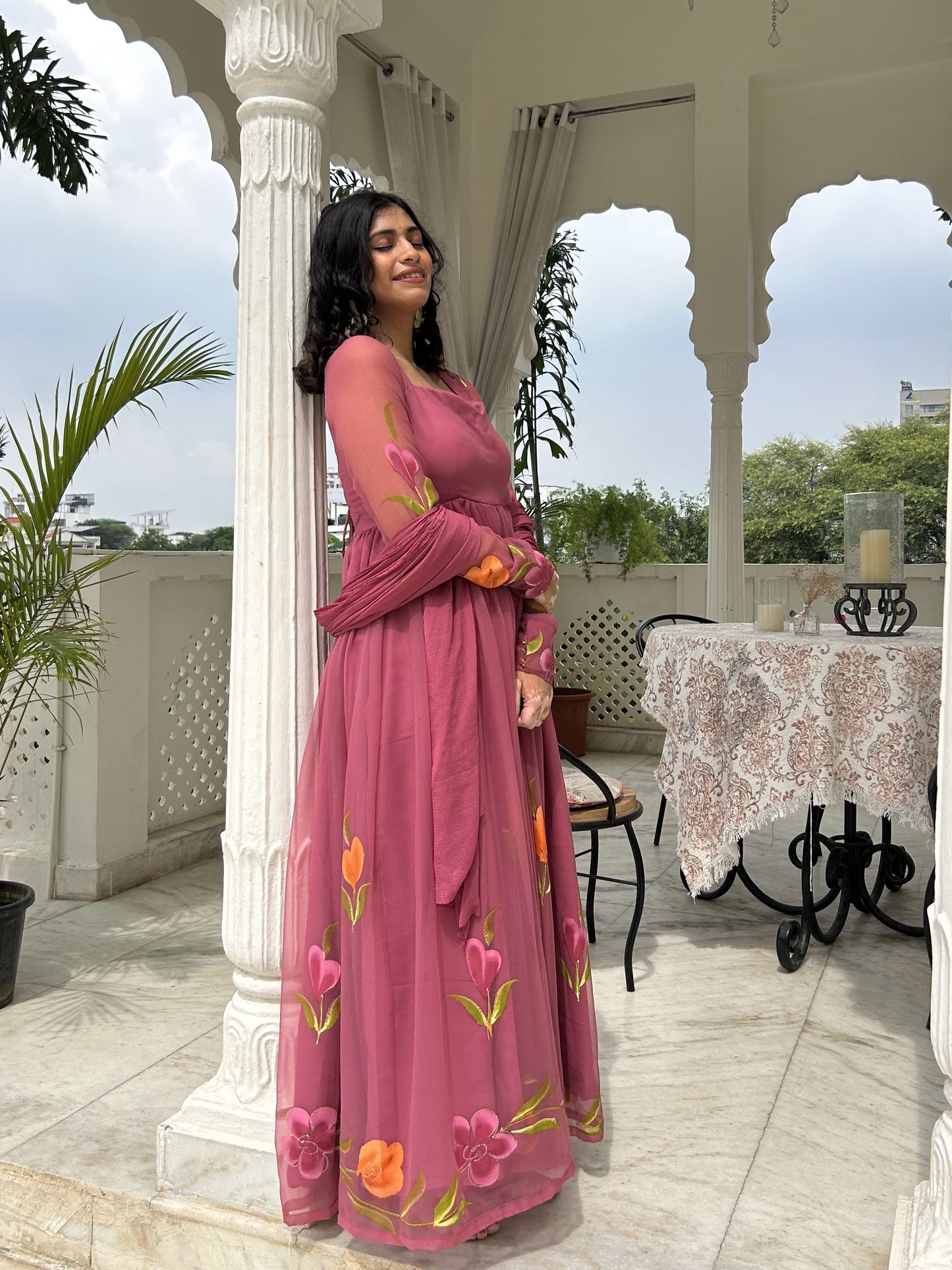 Mulberry Pink Georgette Gather-Flared Suit Set
