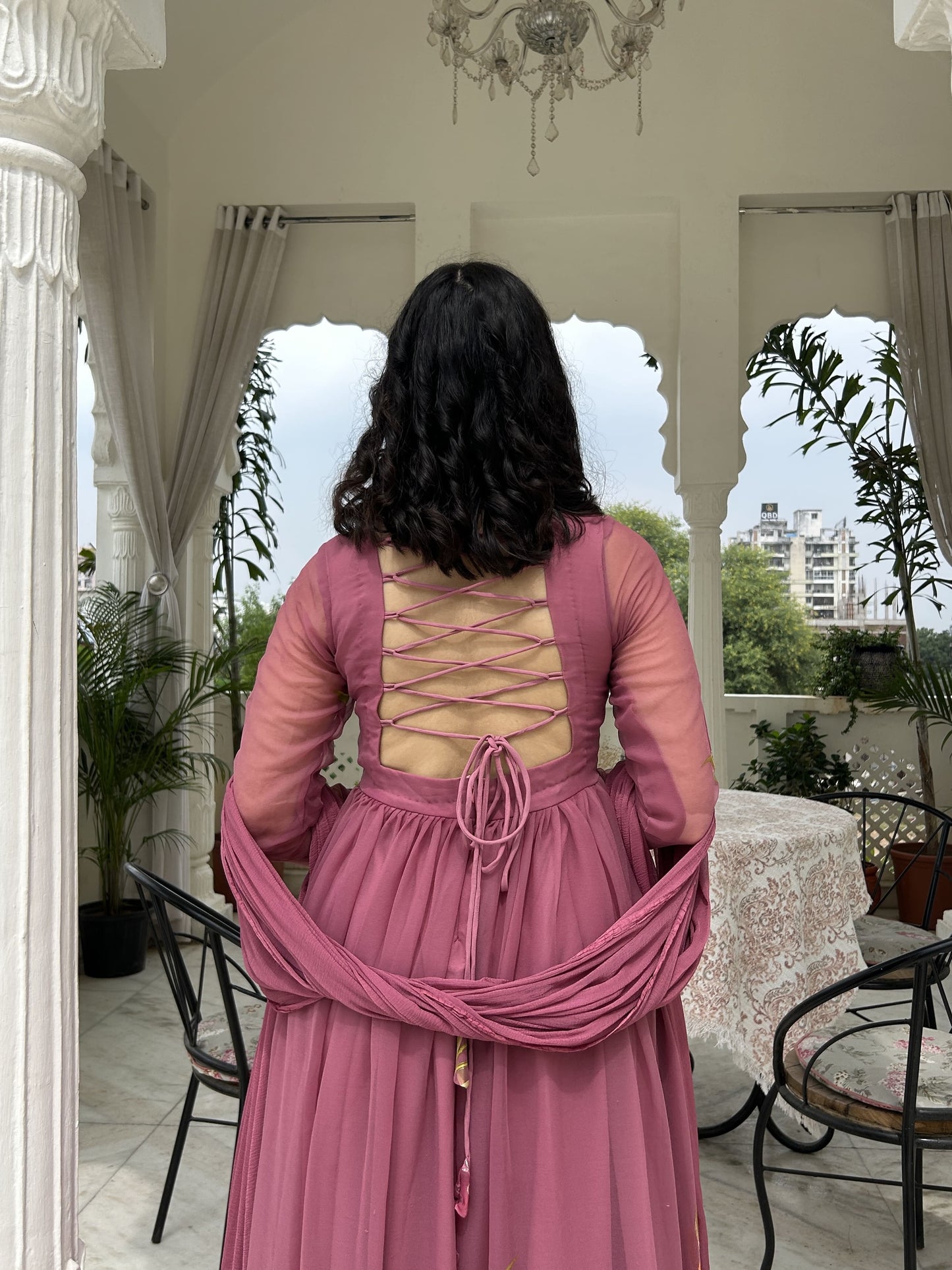 Mulberry Pink Georgette Gather-Flared Suit Set