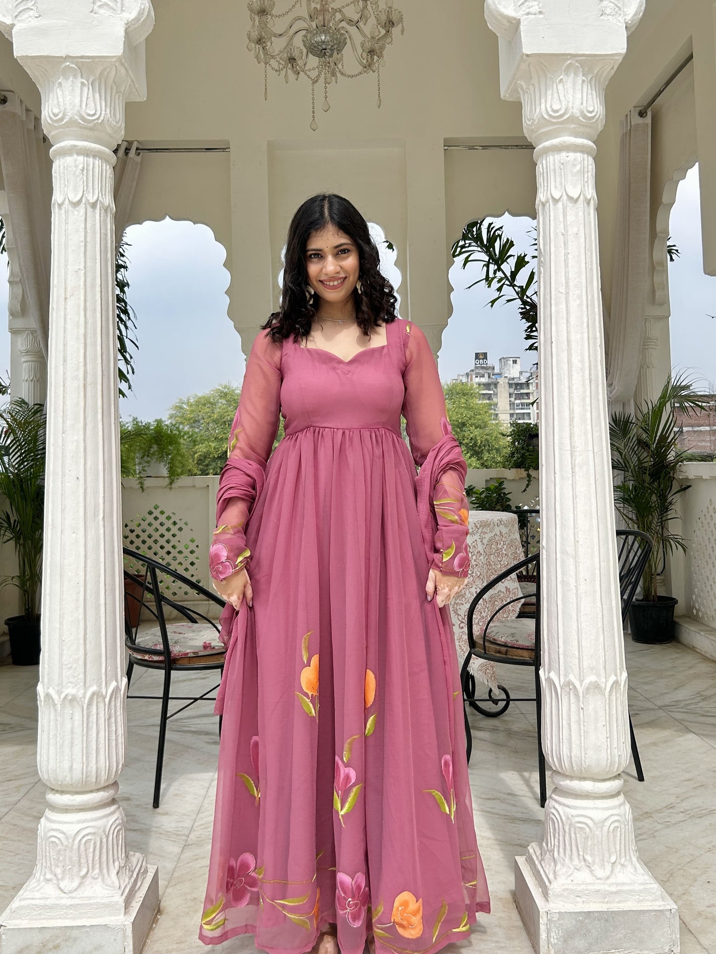Mulberry Pink Georgette Gather-Flared Suit Set