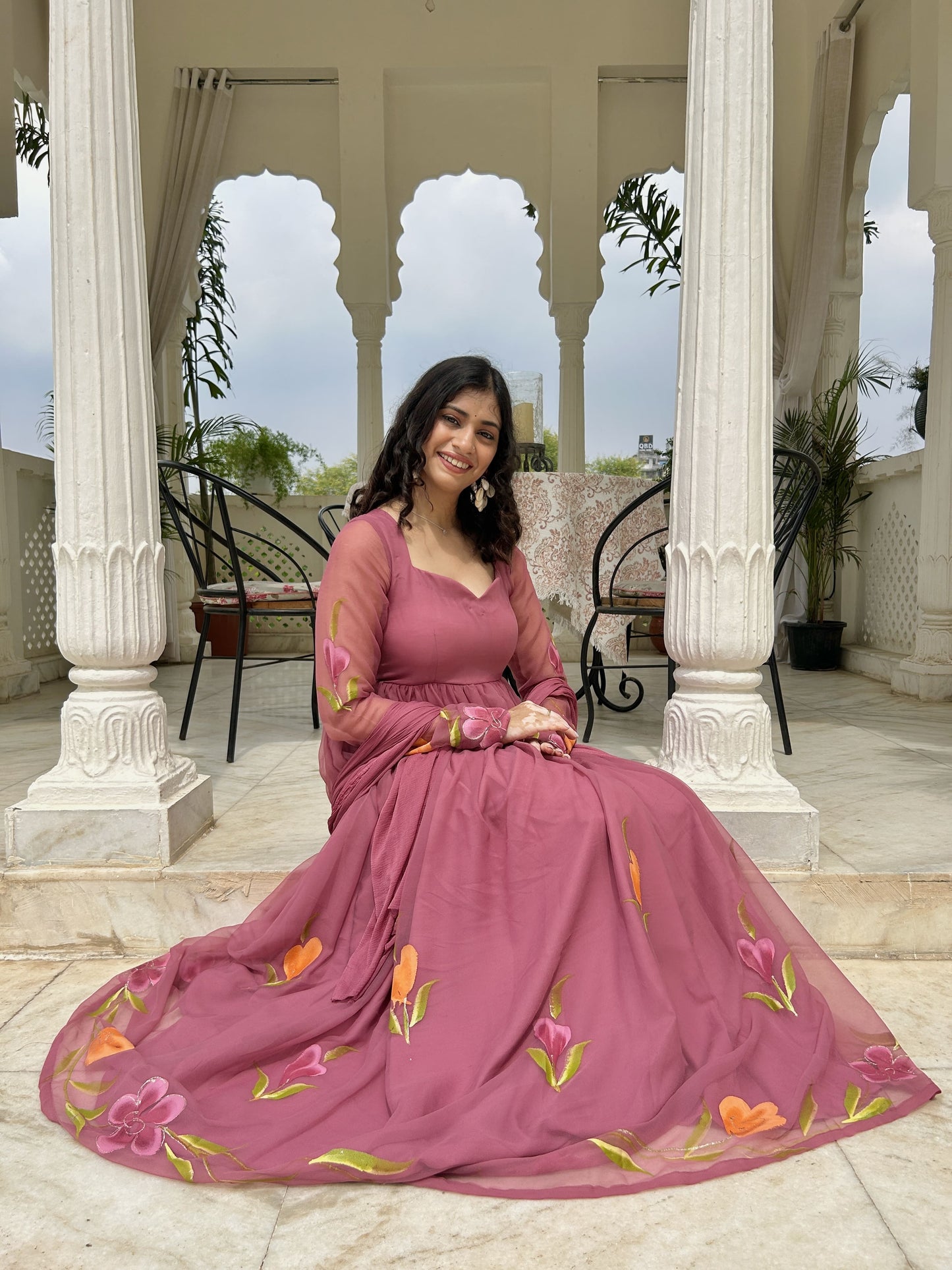 Mulberry Pink Georgette Gather-Flared Suit Set