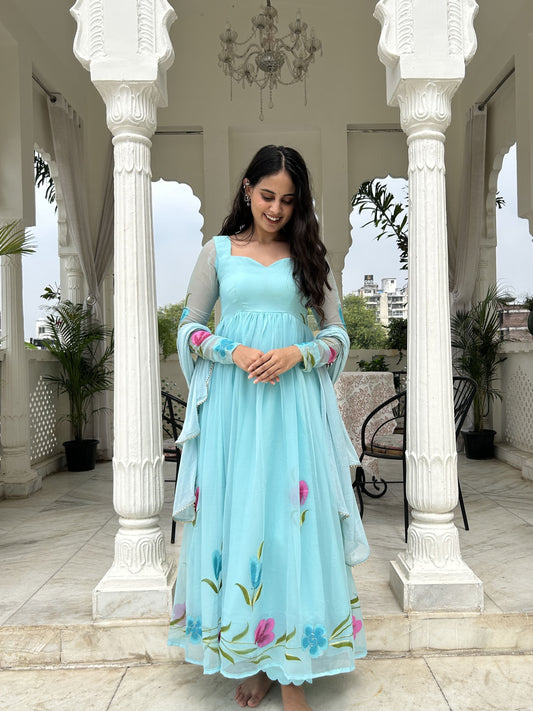 Sky Blue Gather-Flared Floral Print Suit Set