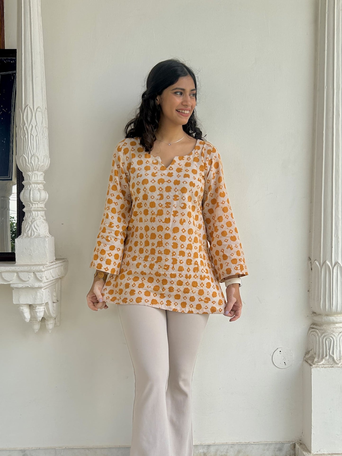 Mustard & Beige Cotton Short Kurti