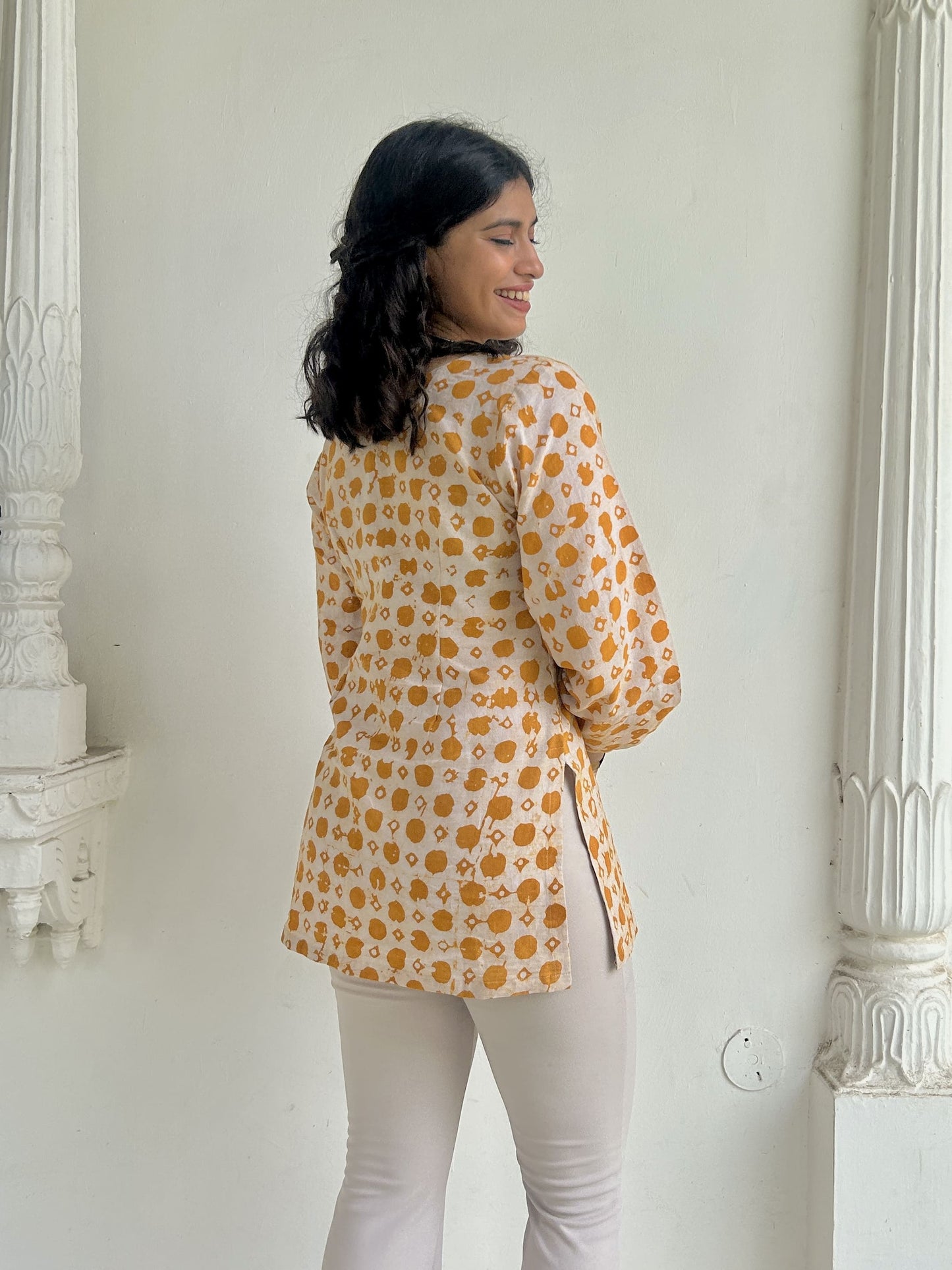 Mustard & Beige Cotton Short Kurti