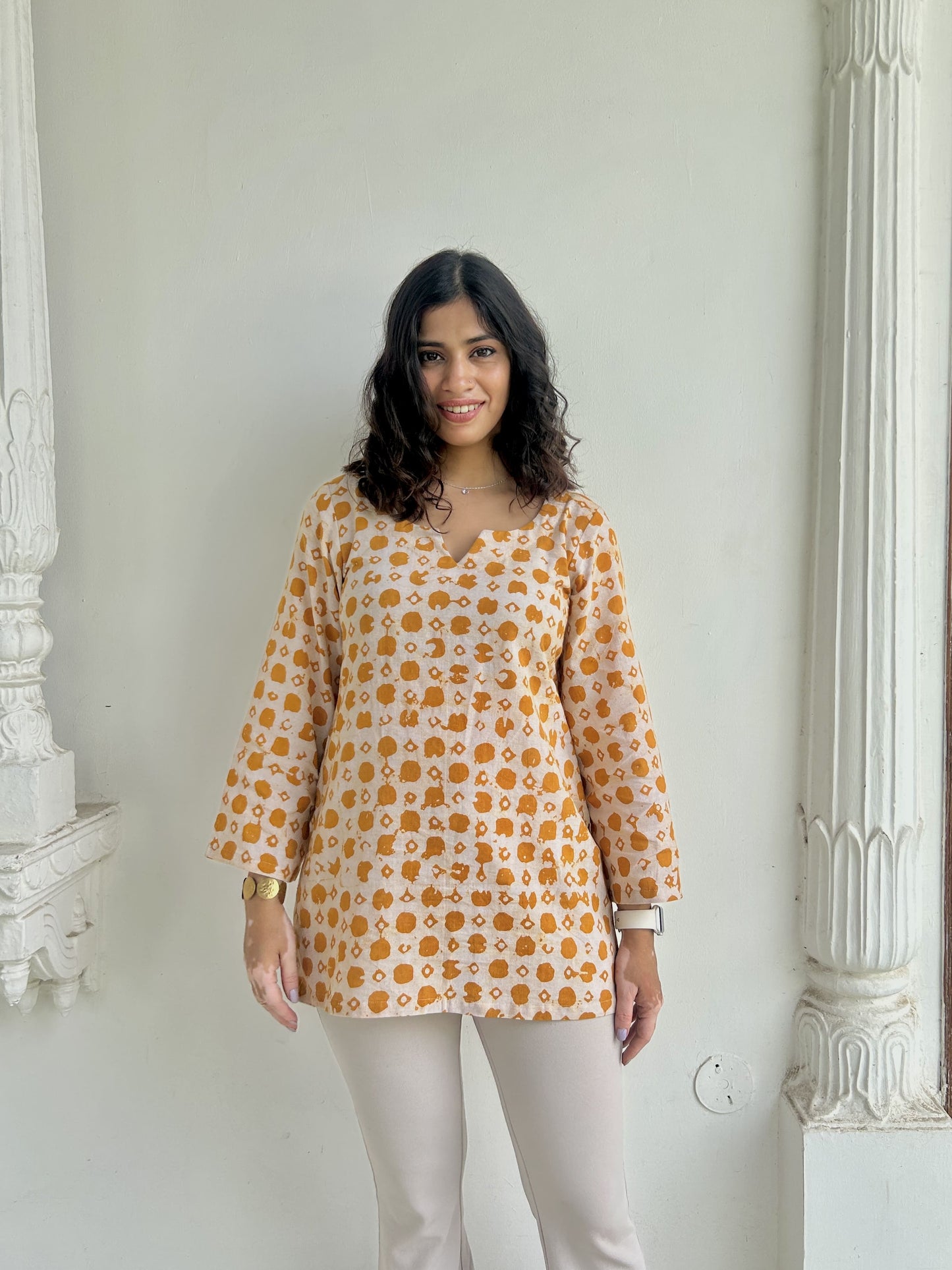 Mustard & Beige Cotton Short Kurti