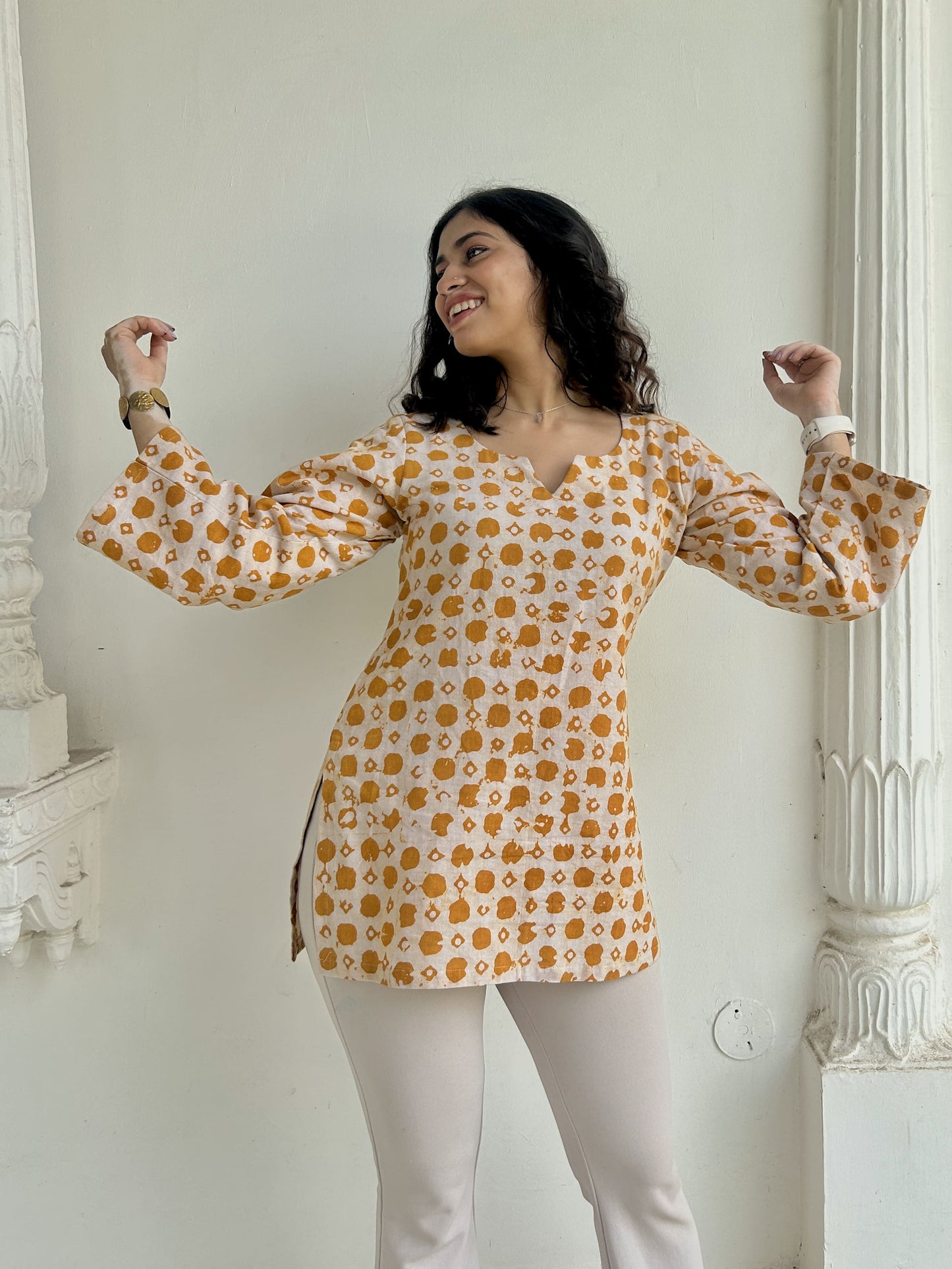 Mustard & Beige Cotton Short Kurti