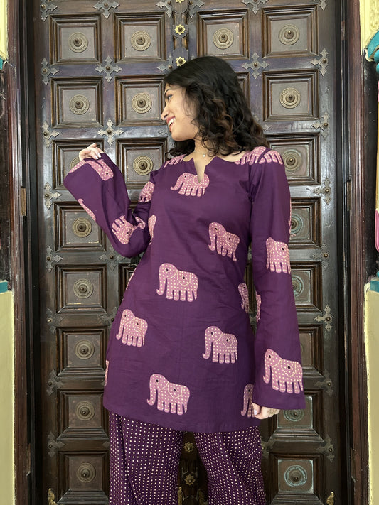 Purple Elephant & Polka Printed Cotton Co-ord Set