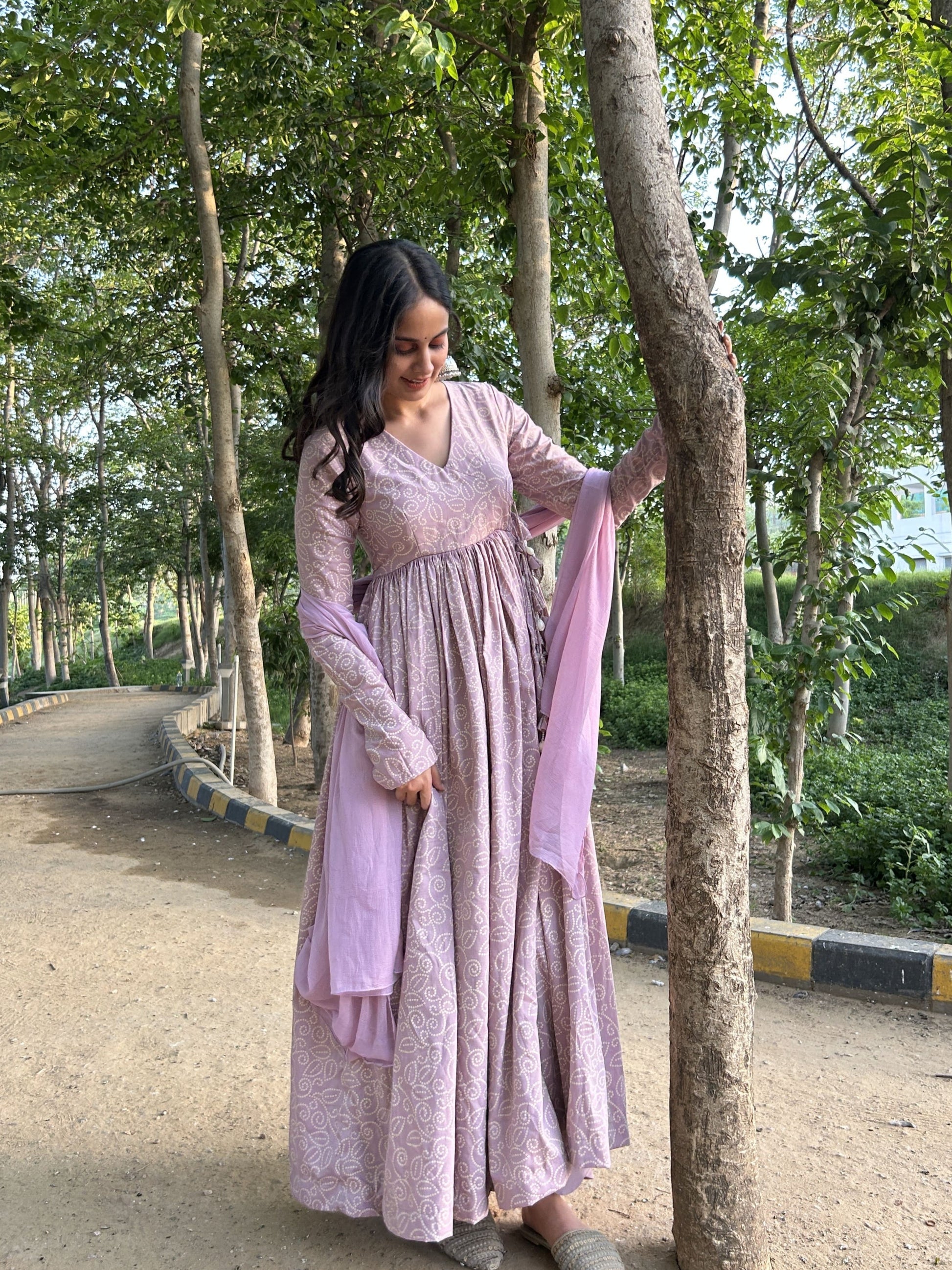 Women’s pastel lavender angrakha-style suit with gathered flare and dupatta