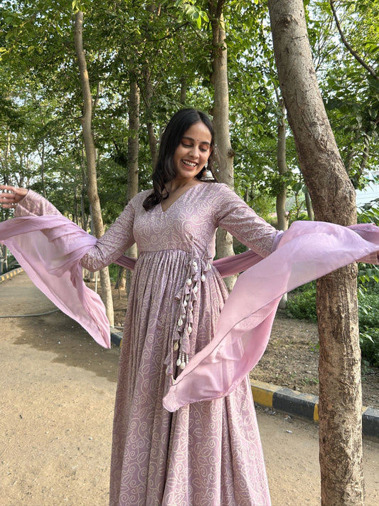 Pastel lavender angrakha flared suit with tassel and shell detailing