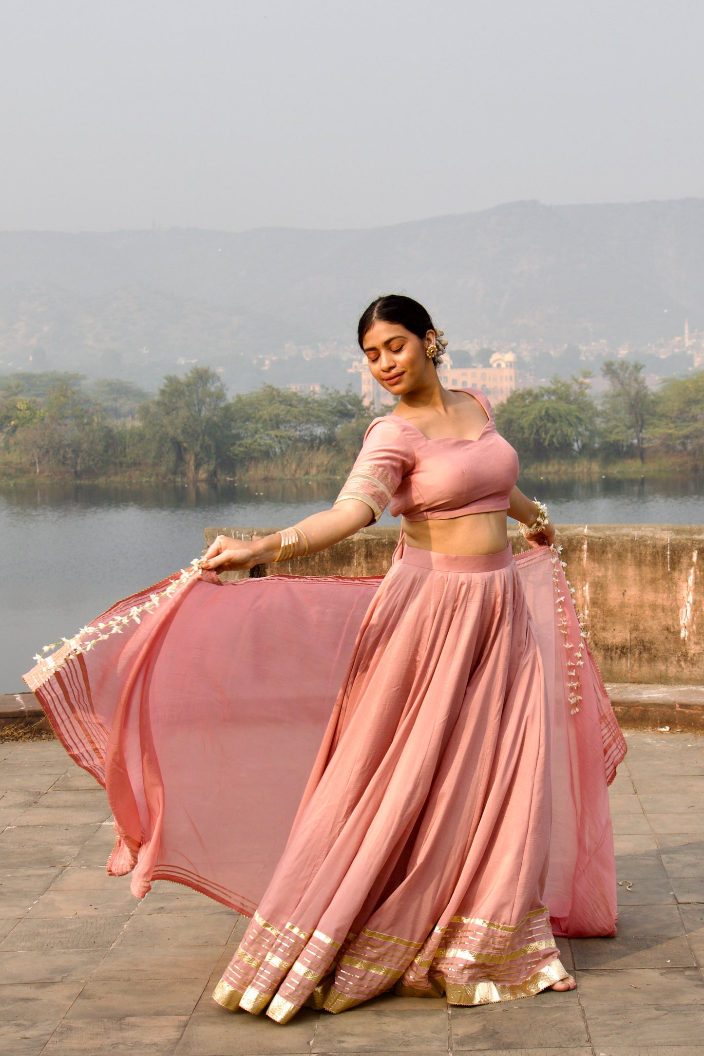 Pink Chandni Muslin Lehenga with Gota Lappa Detailing