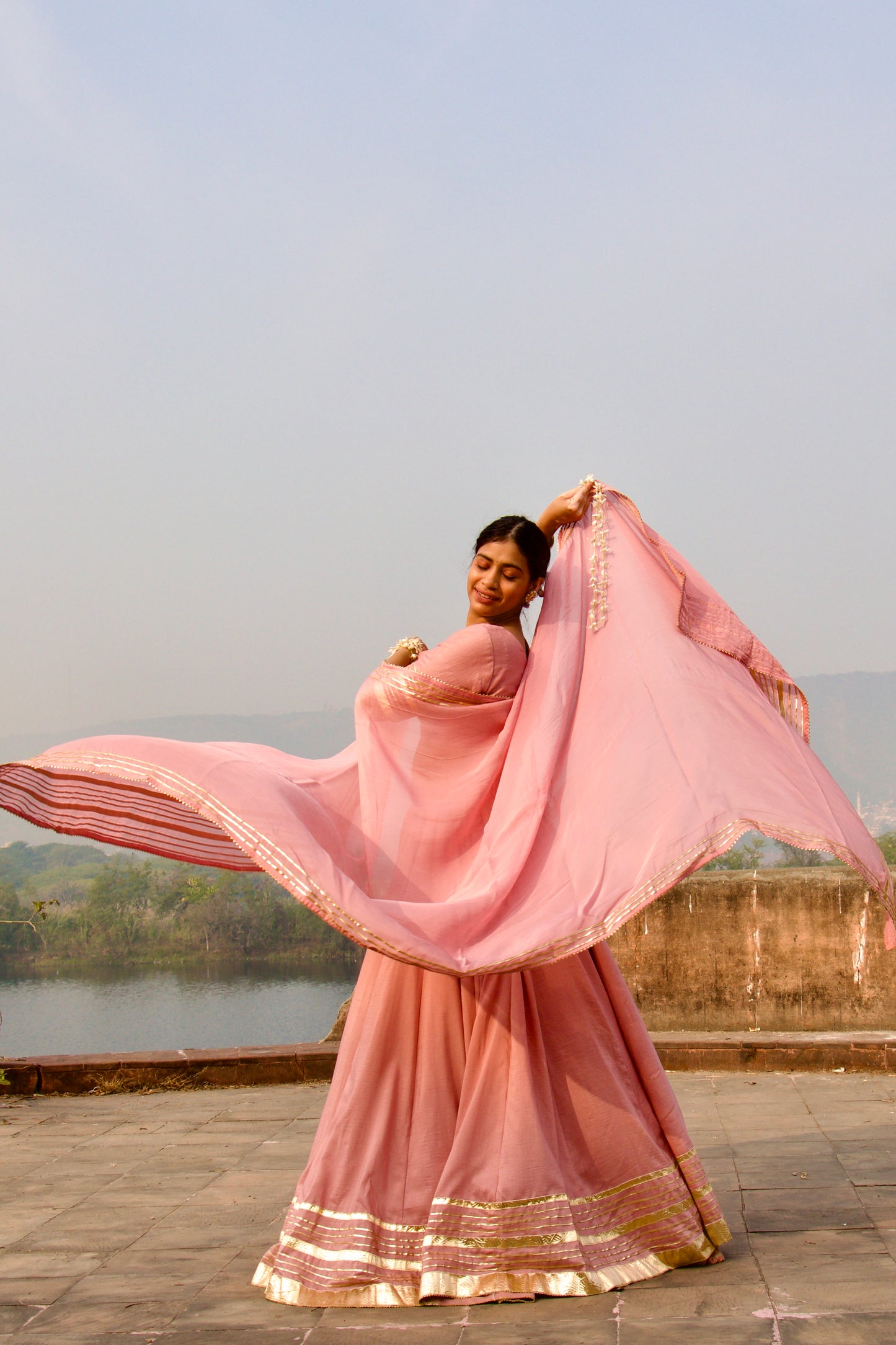 Pink Chandni Muslin Lehenga with Gota Lappa Detailing