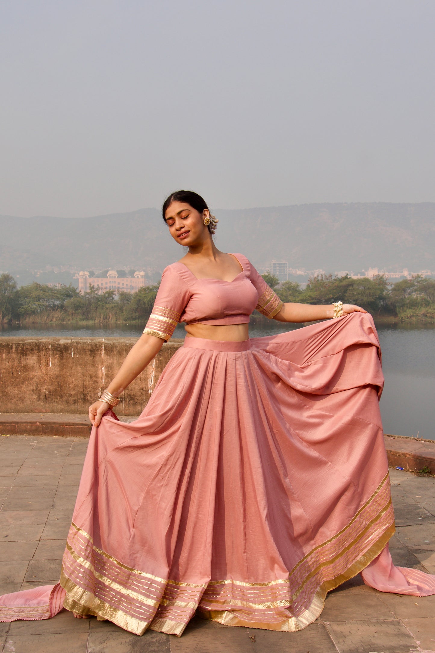 Pink Chandni Muslin Lehenga with Gota Lappa Detailing