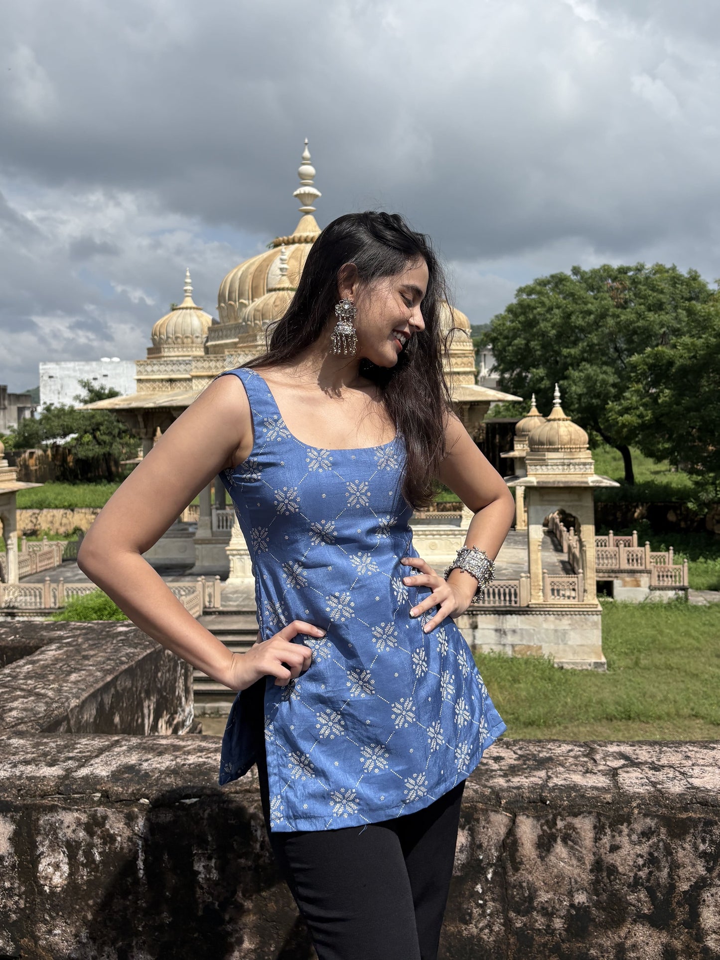 Blue Silk Short Kurti with Dramatic Deep Back