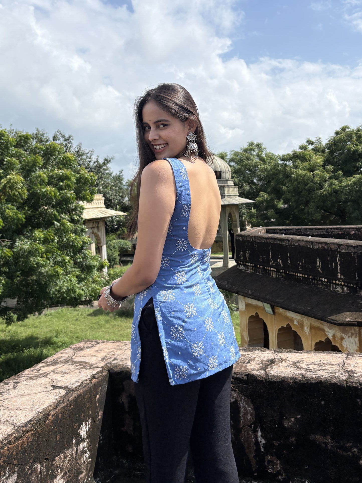 Blue Silk Short Kurti with Dramatic Deep Back